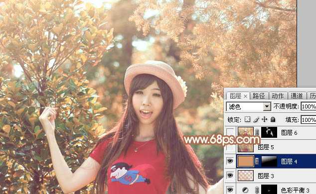 ‘Photoshop为树林中的女孩调出小清新的绿橙色‘