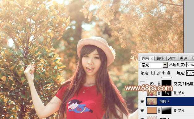 ‘Photoshop为树林中的女孩调出小清新的绿橙色‘