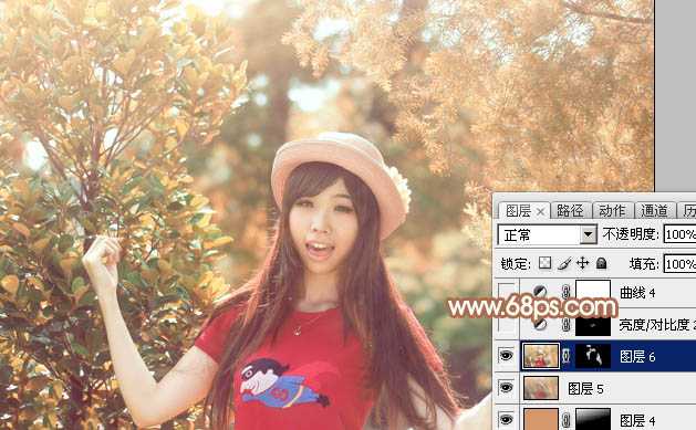 ‘Photoshop为树林中的女孩调出小清新的绿橙色‘