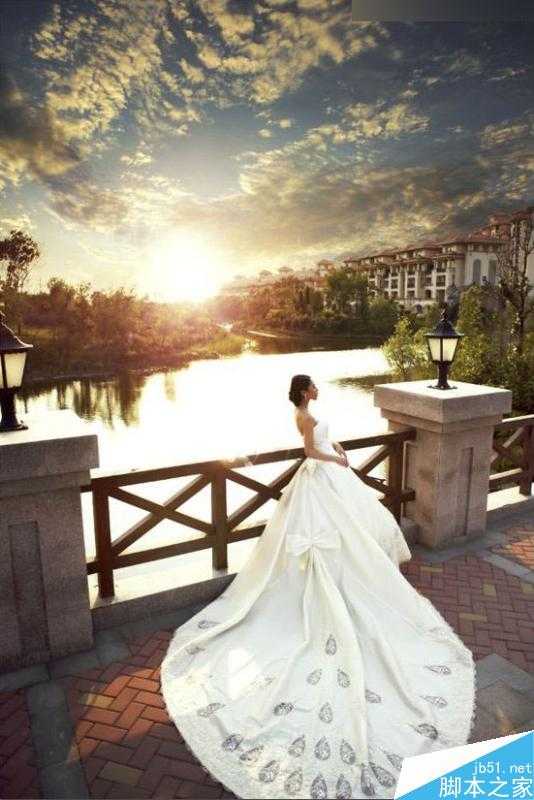 ‘Photoshop给婚纱外景照片调出唯美大气的夕阳景色效果‘