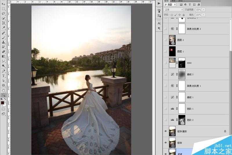 ‘Photoshop给婚纱外景照片调出唯美大气的夕阳景色效果‘