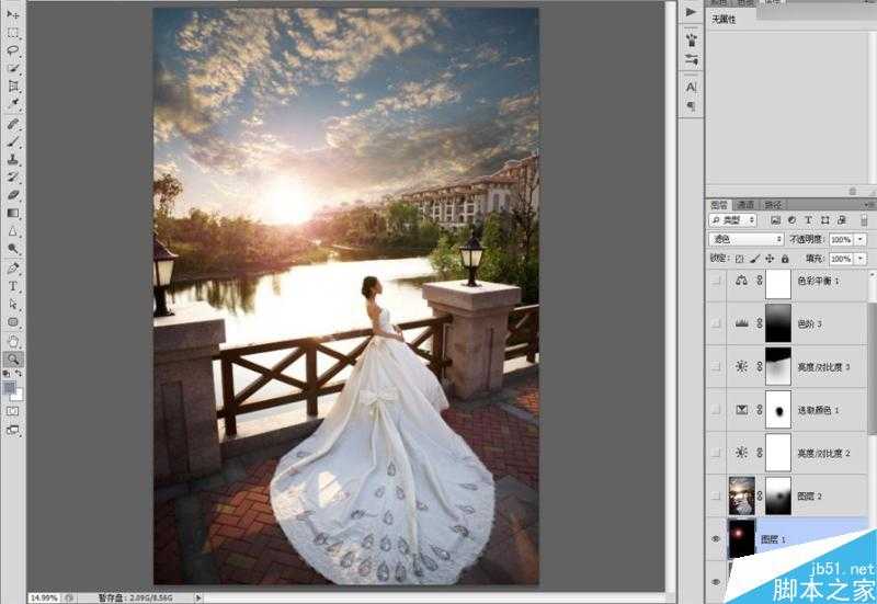 ‘Photoshop给婚纱外景照片调出唯美大气的夕阳景色效果‘