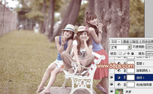 ‘Photoshop为树边的美女加上柔美的中性淡红色‘