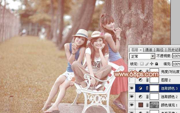 ‘Photoshop为树边的美女加上柔美的中性淡红色‘