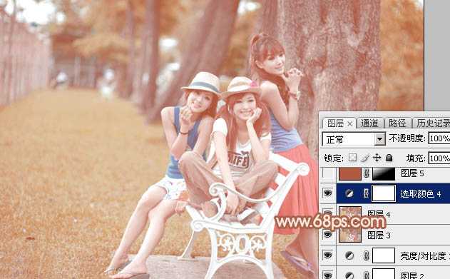 ‘Photoshop为树边的美女加上柔美的中性淡红色‘