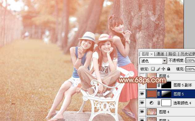 ‘Photoshop为树边的美女加上柔美的中性淡红色‘
