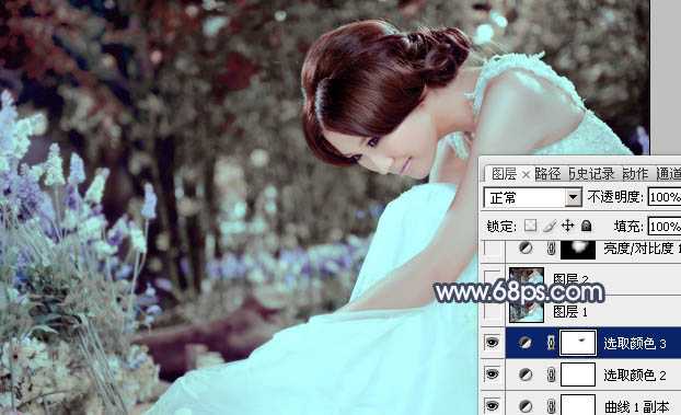 ‘Photoshop为甜美的美女婚片打造出暗调蓝褐色效果‘