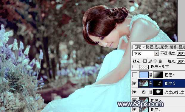 ‘Photoshop为甜美的美女婚片打造出暗调蓝褐色效果‘