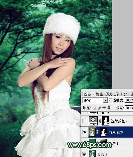 ‘Photoshop将外景美女图片调制出漂亮的暗调青绿色效果‘