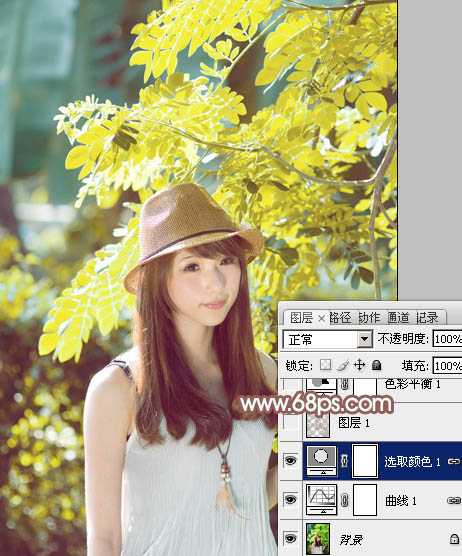 ‘Photoshop将绿树边的美女调制出甜美的小清新淡褐色‘