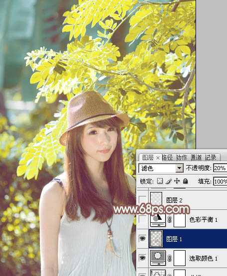 ‘Photoshop将绿树边的美女调制出甜美的小清新淡褐色‘