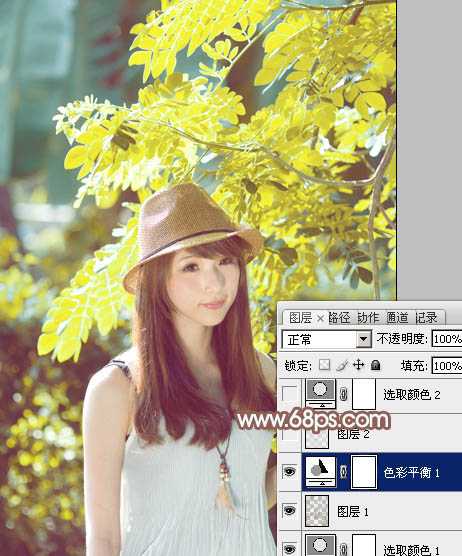 ‘Photoshop将绿树边的美女调制出甜美的小清新淡褐色‘