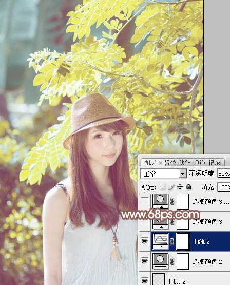 ‘Photoshop将绿树边的美女调制出甜美的小清新淡褐色‘