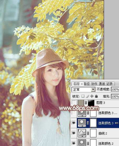 ‘Photoshop将绿树边的美女调制出甜美的小清新淡褐色‘
