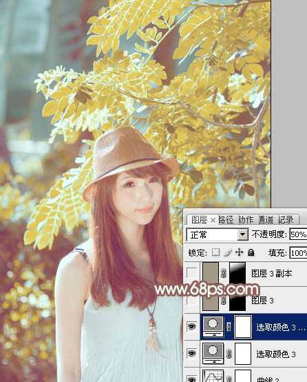 ‘Photoshop将绿树边的美女调制出甜美的小清新淡褐色‘