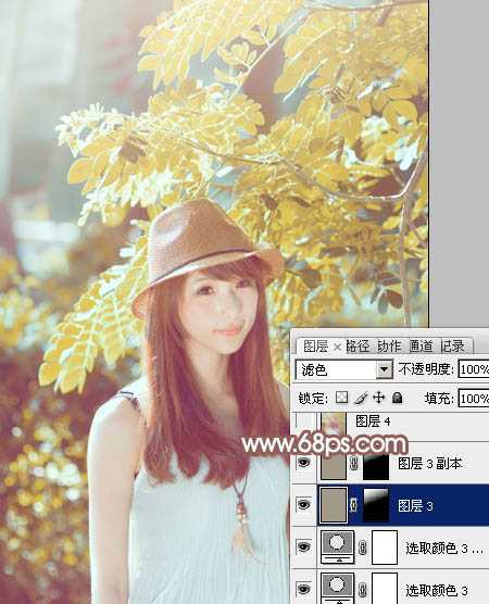 ‘Photoshop将绿树边的美女调制出甜美的小清新淡褐色‘