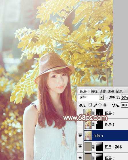 ‘Photoshop将绿树边的美女调制出甜美的小清新淡褐色‘