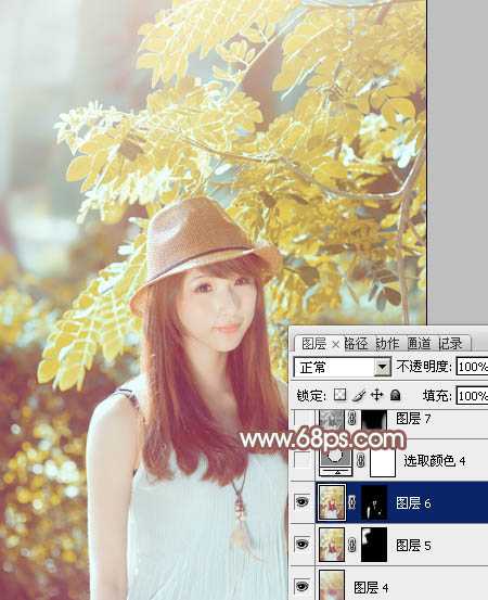 ‘Photoshop将绿树边的美女调制出甜美的小清新淡褐色‘