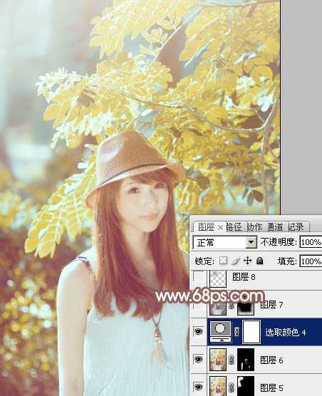 ‘Photoshop将绿树边的美女调制出甜美的小清新淡褐色‘