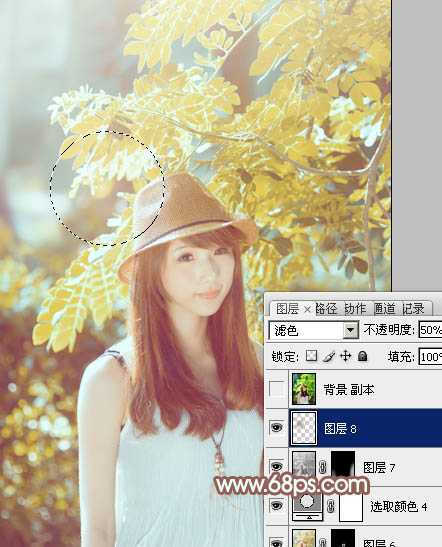 ‘Photoshop将绿树边的美女调制出甜美的小清新淡褐色‘
