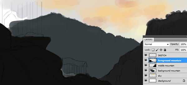 ‘PS绘制逼真的大型山水场景‘