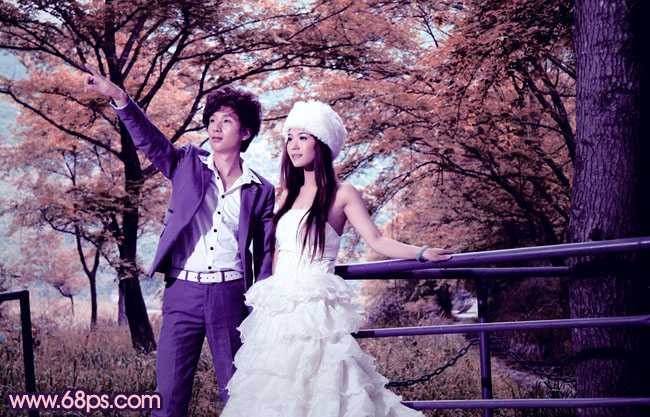 ‘Photoshop将把树林婚片打造出漂亮的橙蓝色效果‘