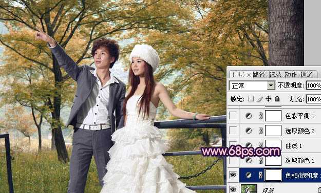 ‘Photoshop将把树林婚片打造出漂亮的橙蓝色效果‘