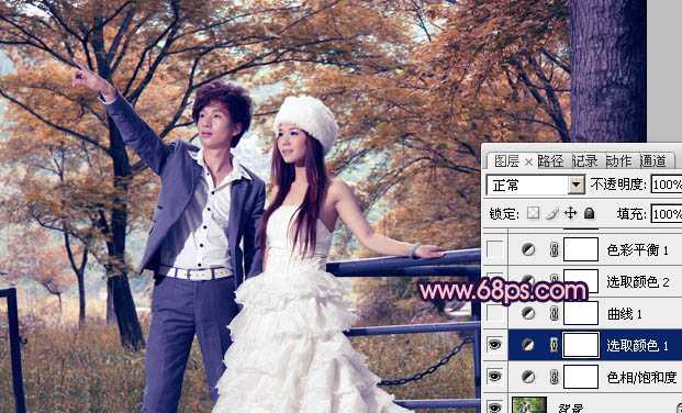 ‘Photoshop将把树林婚片打造出漂亮的橙蓝色效果‘
