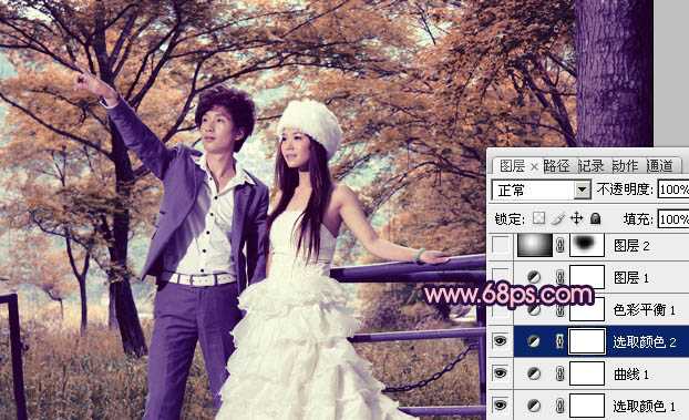 ‘Photoshop将把树林婚片打造出漂亮的橙蓝色效果‘