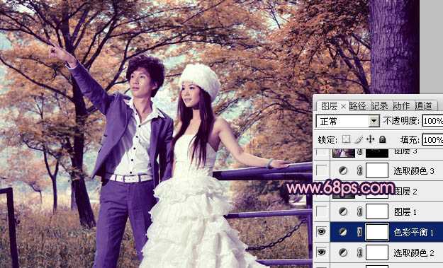 ‘Photoshop将把树林婚片打造出漂亮的橙蓝色效果‘