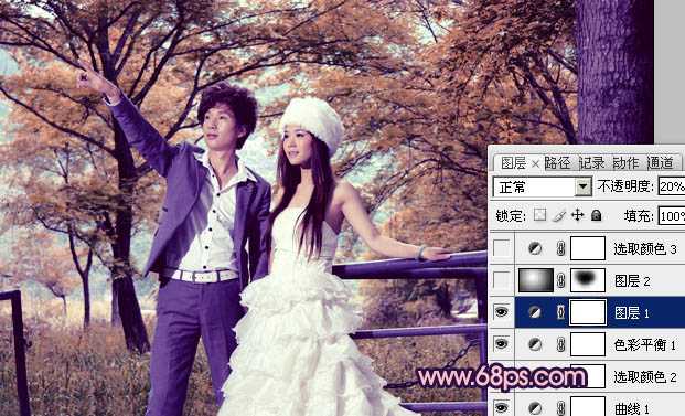 ‘Photoshop将把树林婚片打造出漂亮的橙蓝色效果‘