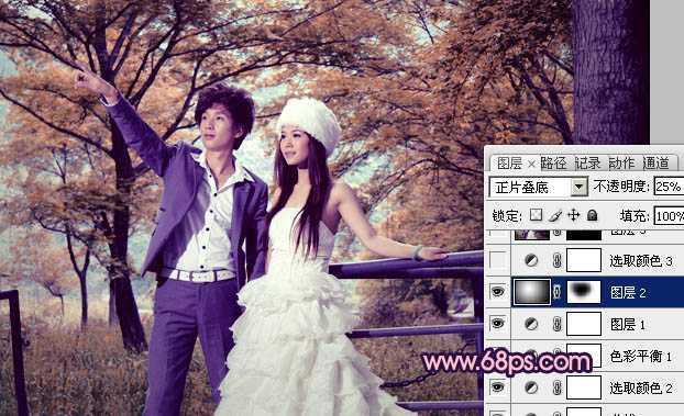 ‘Photoshop将把树林婚片打造出漂亮的橙蓝色效果‘