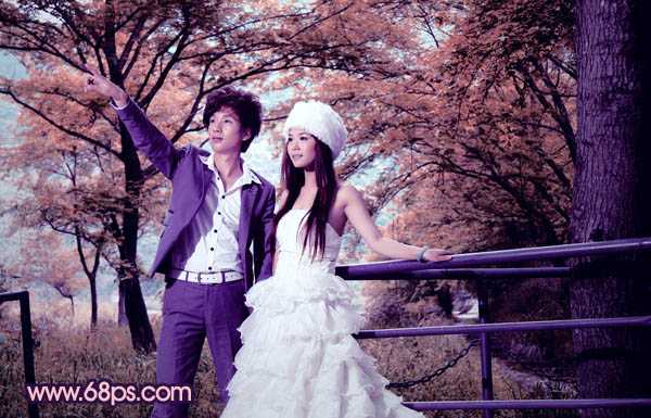 ‘Photoshop将把树林婚片打造出漂亮的橙蓝色效果‘