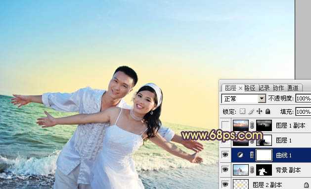 ‘Photosho将海景婚片调制出柔美的晨曦暖色效果‘