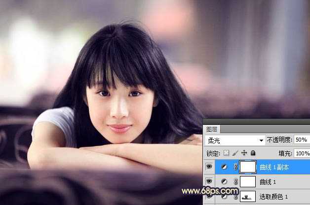 ‘Photoshop为室内美女图片加上甜美的暗调蓝紫色效果‘