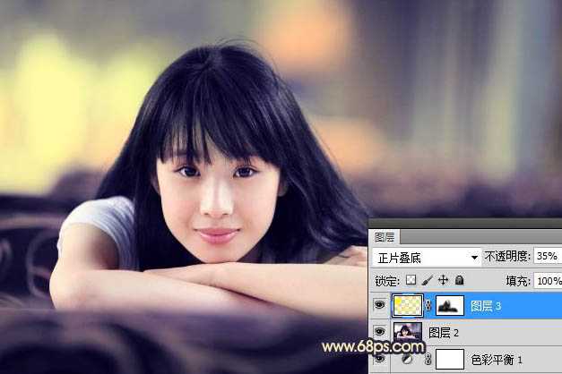 ‘Photoshop为室内美女图片加上甜美的暗调蓝紫色效果‘