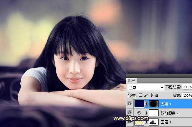 ‘Photoshop为室内美女图片加上甜美的暗调蓝紫色效果‘