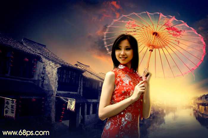 ‘Photoshop调出古典霞光效果古镇美女图片‘