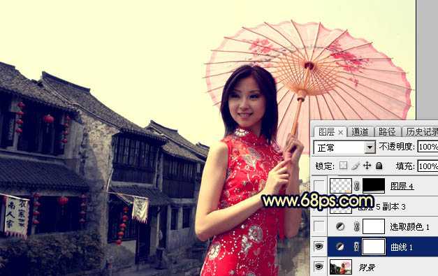 ‘Photoshop调出古典霞光效果古镇美女图片‘