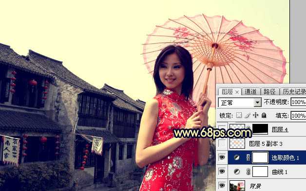 ‘Photoshop调出古典霞光效果古镇美女图片‘