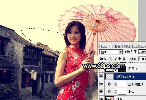 ‘Photoshop调出古典霞光效果古镇美女图片‘