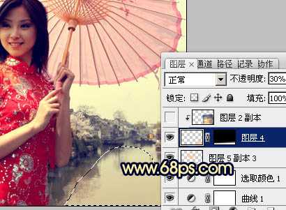 ‘Photoshop调出古典霞光效果古镇美女图片‘