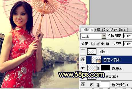 ‘Photoshop调出古典霞光效果古镇美女图片‘