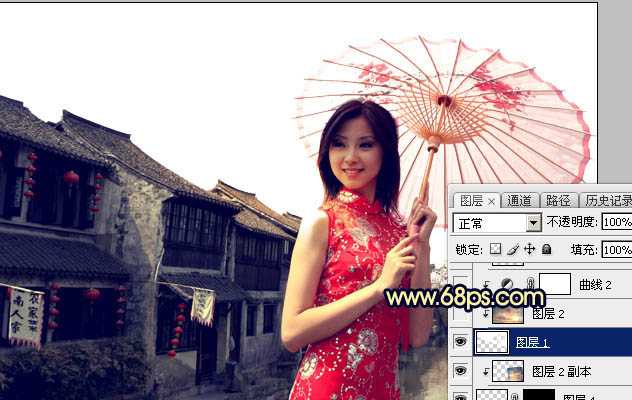 ‘Photoshop调出古典霞光效果古镇美女图片‘