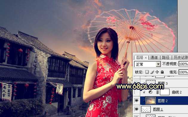 ‘Photoshop调出古典霞光效果古镇美女图片‘