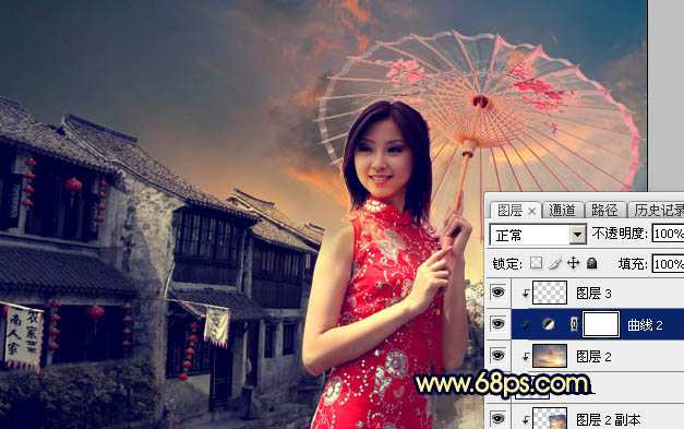 ‘Photoshop调出古典霞光效果古镇美女图片‘