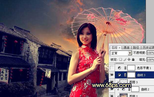 ‘Photoshop调出古典霞光效果古镇美女图片‘