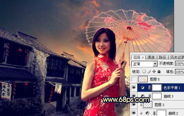 ‘Photoshop调出古典霞光效果古镇美女图片‘