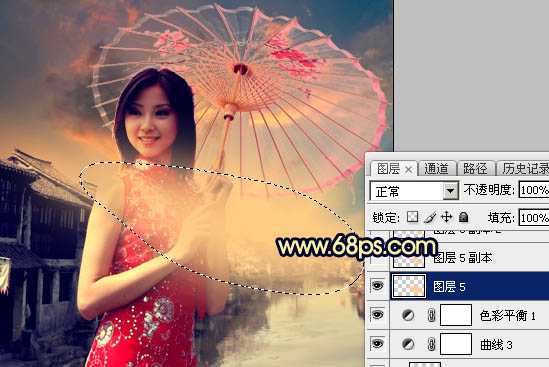 ‘Photoshop调出古典霞光效果古镇美女图片‘