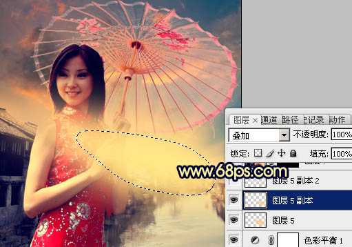 ‘Photoshop调出古典霞光效果古镇美女图片‘